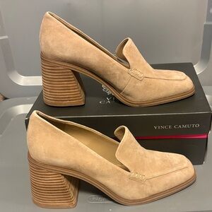 Vince Camuto Beige Suede Block Heel Loafers